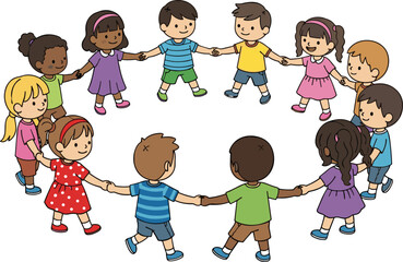 Group of happy diverse children holding hands in a circle playing games together cad drawing flat vector illustration