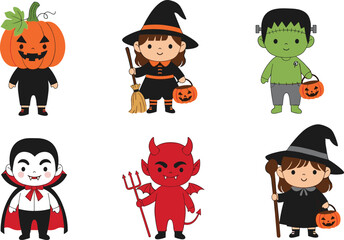 Halloween cartoon characters, pumpkin head, witch, vampire, Frankenstein, devil, costume, spooky, kids, vector, illustration, cute, festive, 