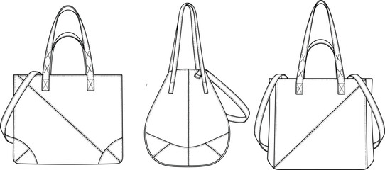 Handbag technical sketch set, three styles, dual handles, shoulder strap, stitching detail, cad drawing flat vector illustration