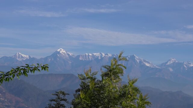 Majestic snow-capped Himalayan mountain peaks view from Almora with green tree foreground, Nanda Devi and Trishul range, Uttarakhand India 4K
