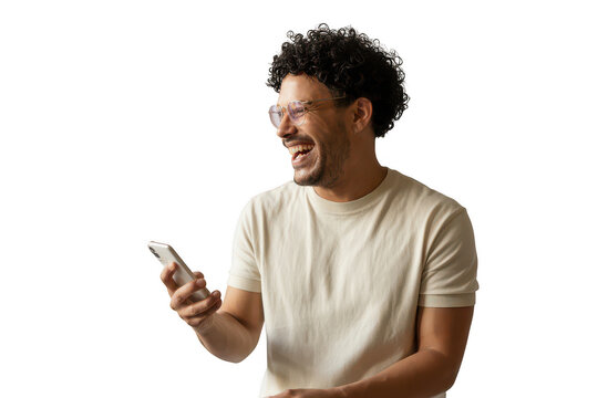 Man laughing while looking at his phone, isolated on transparent background
