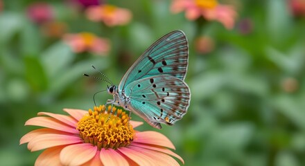 A beautiful butterfly resting on a colorful zinnia flower