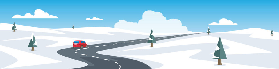 Obraz premium Landscape of red car driving on asphalt curved road. Road that passes through a snow covered path. Trees growing everywhere. Background of blue sky and white clouds.