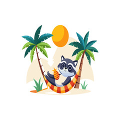 Cute cartoon raccoon relaxing in a hammock between palm trees on a sunny beach