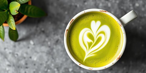 Vibrant green matcha latte art in a ceramic mug,   powder,  top view