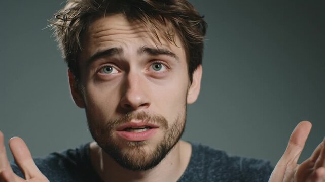 Close up of a confused young man with tousled hair and expressive blue eyes, his hands gesturing outward in a questioning manner