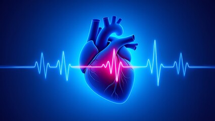 Human heart illustration with cardiac rhythm and pulse wave design