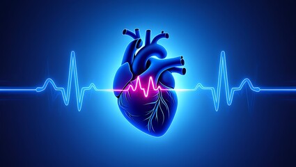 Human Heart illustration with heartbeat rhythm on blue medical background