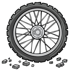 Detailed Illustration of a Spoked Motorcycle Wheel with Gravel on the Ground
