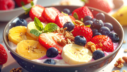 Colorful Yogurt Bowl with Sliced Banana, Strawberries, Blueberries, and Nuts fruit