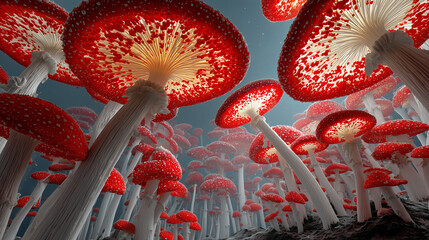 A 1980's horror B-movie poster styled desktop wallpaper features dark psychedelic mushrooms in a trippy illusion with mind-bending scenery, showcasing hyperrealistic mushroom caps rendered