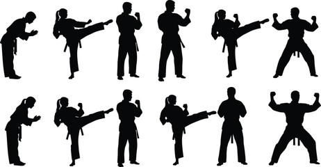 Black Silhouette Martial Arts Poses Vector Set: Karate, Taekwondo, High Kick, Self Defense Training, and Combat Sports Graphics