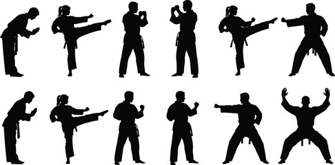 Black Silhouette Martial Arts Poses Vector Set: Karate, Taekwondo, High Kick, Self Defense Training, and Traditional Combat Sports Graphics
