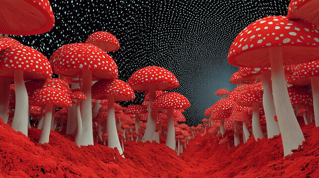 A 1980's horror B-movie poster styled desktop wallpaper features dark psychedelic mushrooms in a trippy illusion with mind-bending scenery, showcasing hyperrealistic mushroom caps rendered