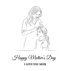 Mother's Day -  Simple line art of a mother tenderly fixing or combing her daughter's hair. Symbolizes care, nurturing, bonding, and precious daily rituals. Ideal for beauty brands