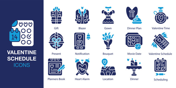 Valentine Schedule Icon set. Containing reminder, appointment, booking, reservation, timeline and more. Solid vector icons collection. Vector illustration.