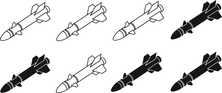 Collection of black and white line art illustrations depicting various missiles