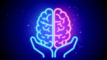 Neon brain halves held by neon hands on dark blue background