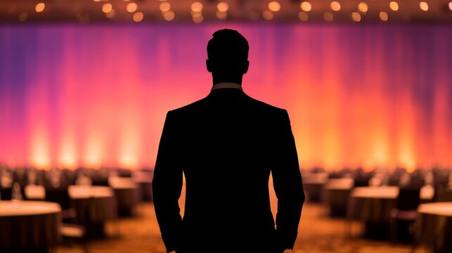 business event, blurred background, corporate meeting ,leadership, Presentation, Enlightening Business Keynote Presentation with Speaker Silhouetted Against Bright Screen in Blurred Audience Hall