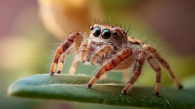 Macro photograph of a cute jumping spider with big eyes resting on a green leaf with a shallow depth of field, showing intricate details of its body and fur, perfect for nature and wildlife content
