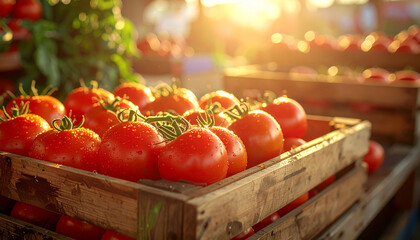 Fresh red tomatoes with water droplets in a wooden crate at sunrise harvest