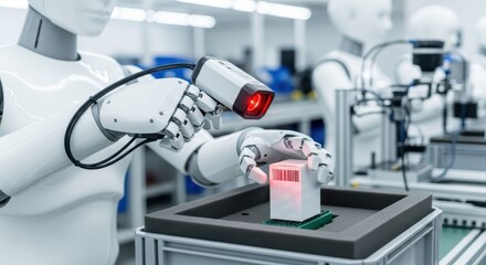 A white robot arm scanning a barcode on a box with a red laser in a factory setting environment