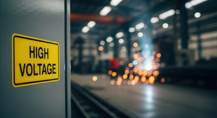 A yellow high voltage sign affixed to a gray metal cabinet in a blurred industrial factory setting