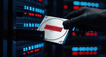 A gloved hand inserting an infected hard drive into a server rack with blinking lights behind it