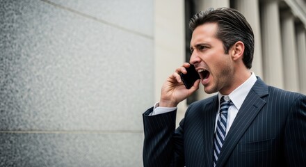 Man in suit yelling into cell phone outside building with columns showing frustration and anger issues