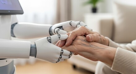 A robot holding the hands of an elderly person in a domestic setting showing care and connection