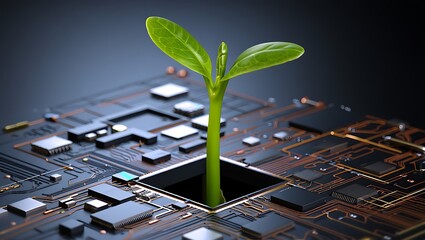 Sprout growing from circuit board concept of technology and nature harmony