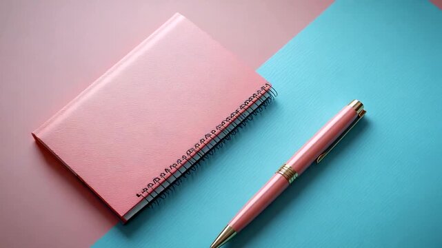 Pink notebook and pen on pastel blue background