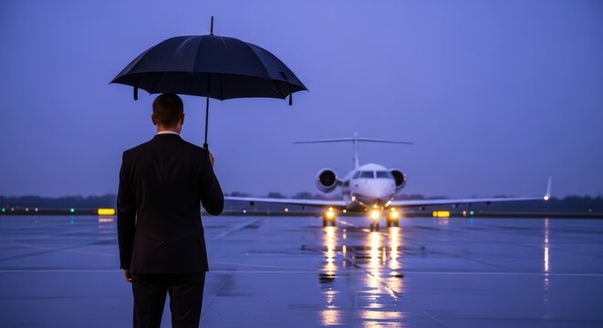 Man in suit holding umbrella stands before private jet on wet tarmac at dusk or dawn in moody lighting