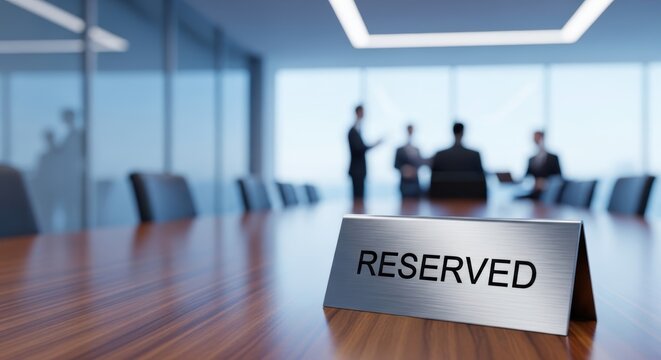 A reserved sign on a conference table with blurred business people in the background of the room