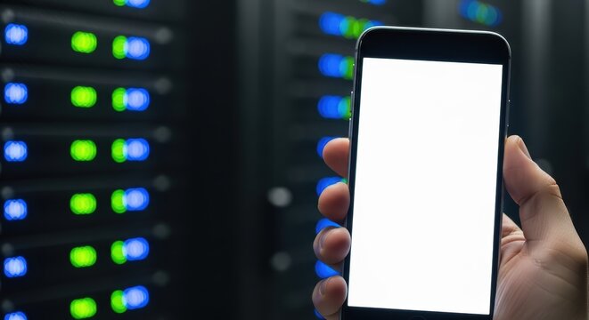Hand holding smartphone with blank screen in front of server rack with blinking lights in data center