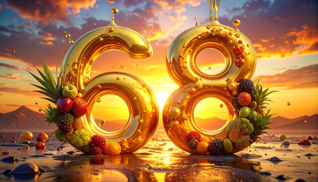 Golden number 68 surrounded by fresh fruits and berries against a sunset sky sixty eight - Powered by Adobe