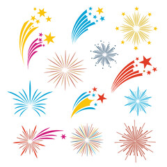 Obraz premium A vibrant collection of colorful firework illustrations in diverse shapes and styles, perfect for celebrating holidays and special events.