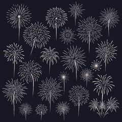 A dynamic collection of various white fireworks exploding across a dark night sky, perfect for festive celebrations and holiday events.