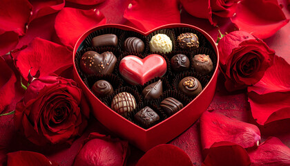 Heart shaped box of assorted chocolates surrounded by red roses and petals candy sweets