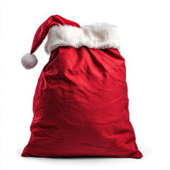 A red Santa Claus sack with a white fur trim and a white pom-pom on top, against a white background.