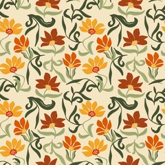 Seamless floral pattern with colorful abstract flowers and leaves