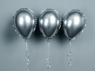 Three Silver Balloons with Ribbons on a Subtle Gray Background