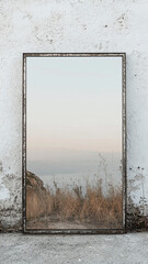 Rustic Mirror Reflecting Natural Landscape with Dry Grass and Sky