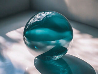 Abstract Glass Sphere with Turquoise Hue and Soft Shadows Play