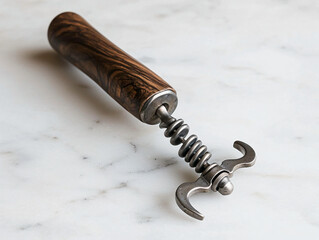 Vintage Corkscrew Tool with Wooden Handle and Metal Spiral Design