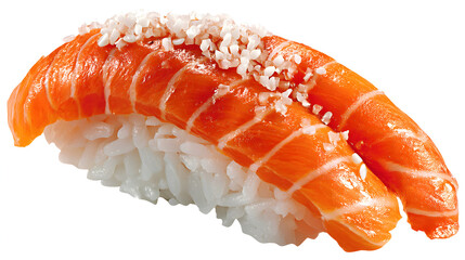 A focused top-down angle frames elegant salmon nigiri sushi isolated on white PNG