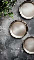 Elegant Silver Plates on Textured Gray Surface with Greenery