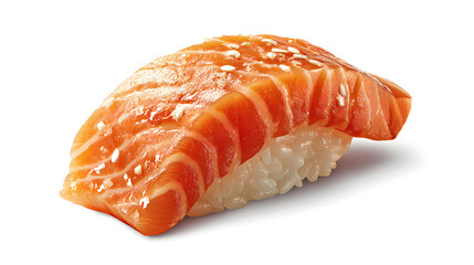 A bright lighting arrangement displays vibrant salmon nigiri sushi isolated on white PNG
