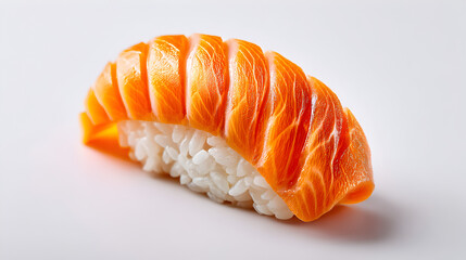 A culinary still life captures traditional salmon nigiri sushi isolated on white