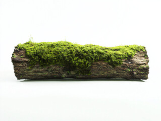 Moss-Covered Log with Textured Bark Against a White Background